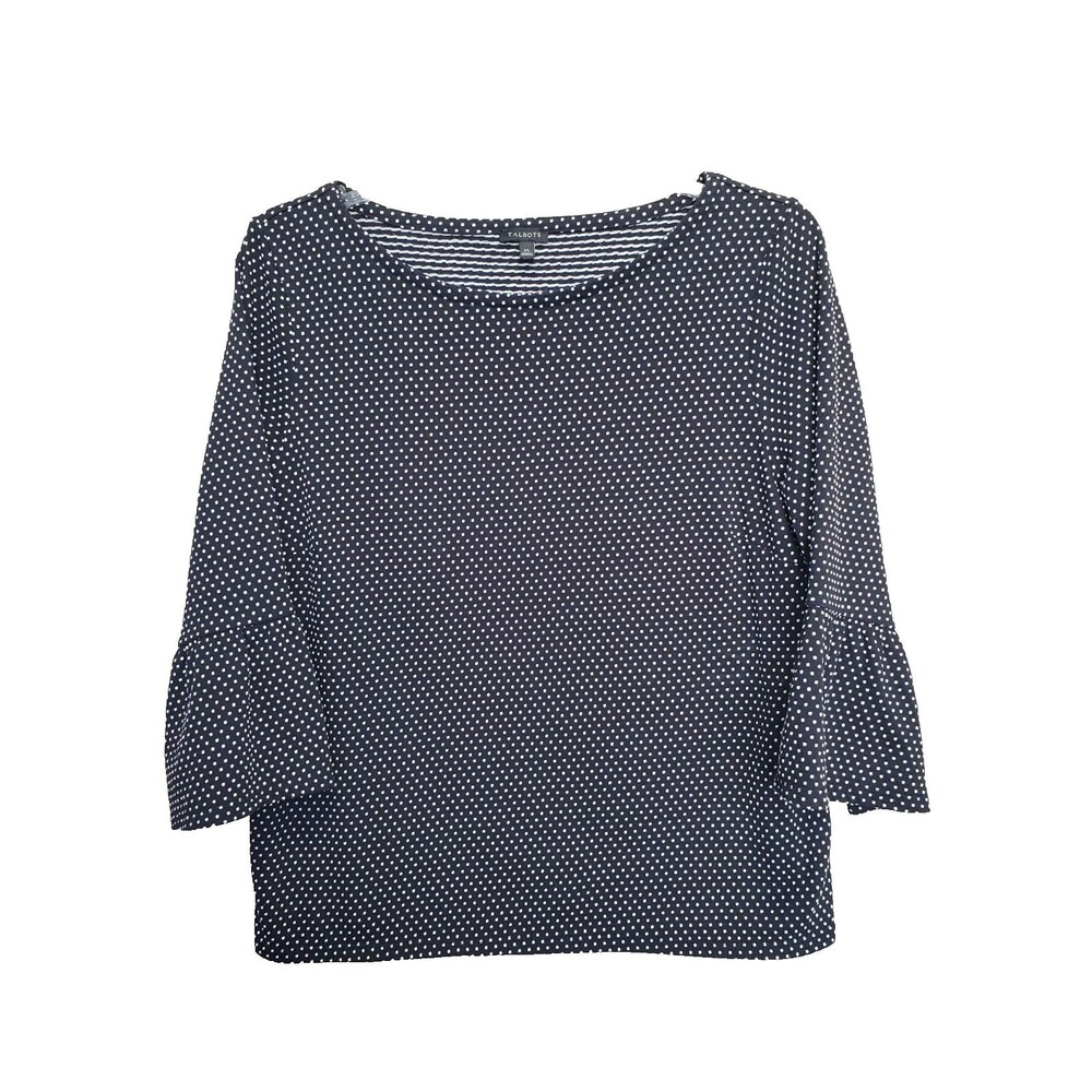 Talbots Black Flounce Sleeve Jacquard Dot Boat Neck Top Size XL